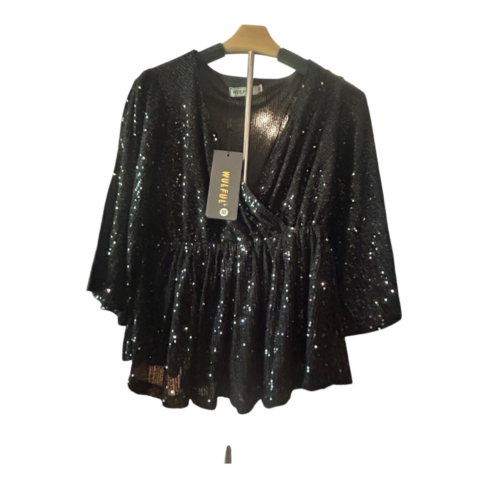 Wulful‎ Black Sequin Top V Neck Flared Sleeve Party Blouse